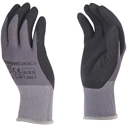 Amazon Basics Micro-Foam Nitrile Coated Work Gloves, Nylon Liner Fiber, Touch Screen, Grey, Size 6/XS, 12-Pair-VerdiqueGarden