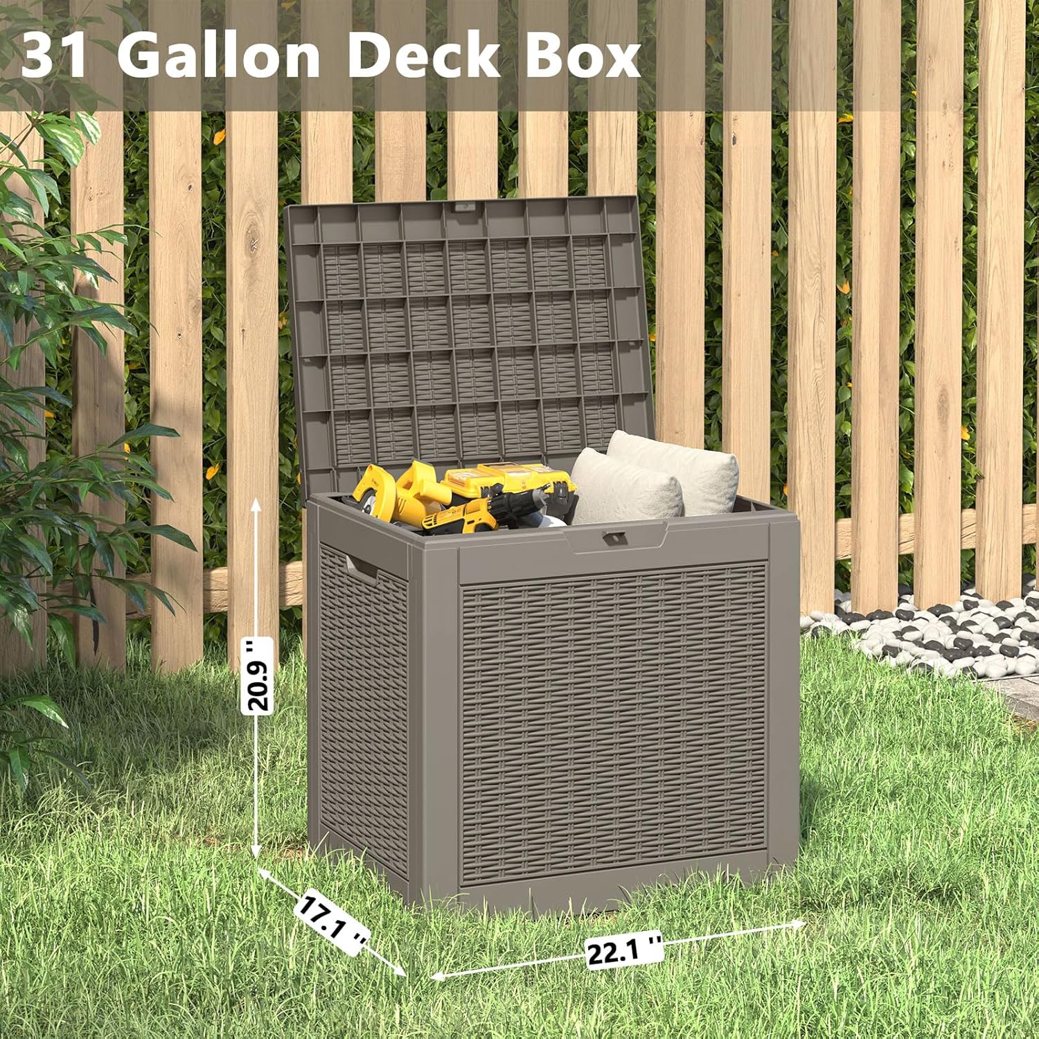 Deck Box, 31 Gallon Resin Outdoor Storage Box, Waterproof and UV Resistant Lightweight Storage Deck Box for Garden Tools, Supplies-VerdiqueGarden