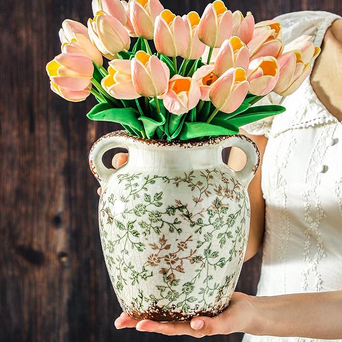 Enra Vintage vase,7.8 Inch Green and Beige Ceramic Decorative Flower vase, Chinoiserie Floral Vase,Large Rustic Vases for Home Decors, Living Room, Bookshelf, Office-VerdiqueGarden