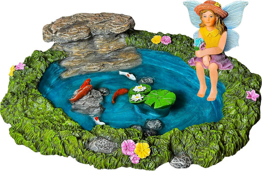 Mood Lab Fairy Garden - Miniature Fish Pond & Fairy Figurine Kit - 2 pcs Set of Garden Accessories - Outdoor or House Decor-VerdiqueGarden