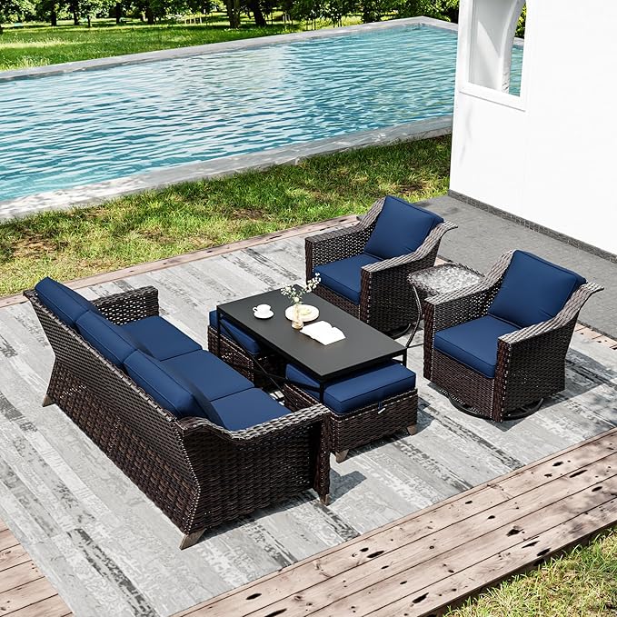 Joyside Wicker Patio Furniture Sets, 7 Pieces Upgraded Large Size Outdoor Furniture with Swivel Rocking Patio Chairs, 3-Seat Sofa, Outdoor Ottoman and Coffee Table, Thick Cushions, Wide Armrest-VerdiqueGarden