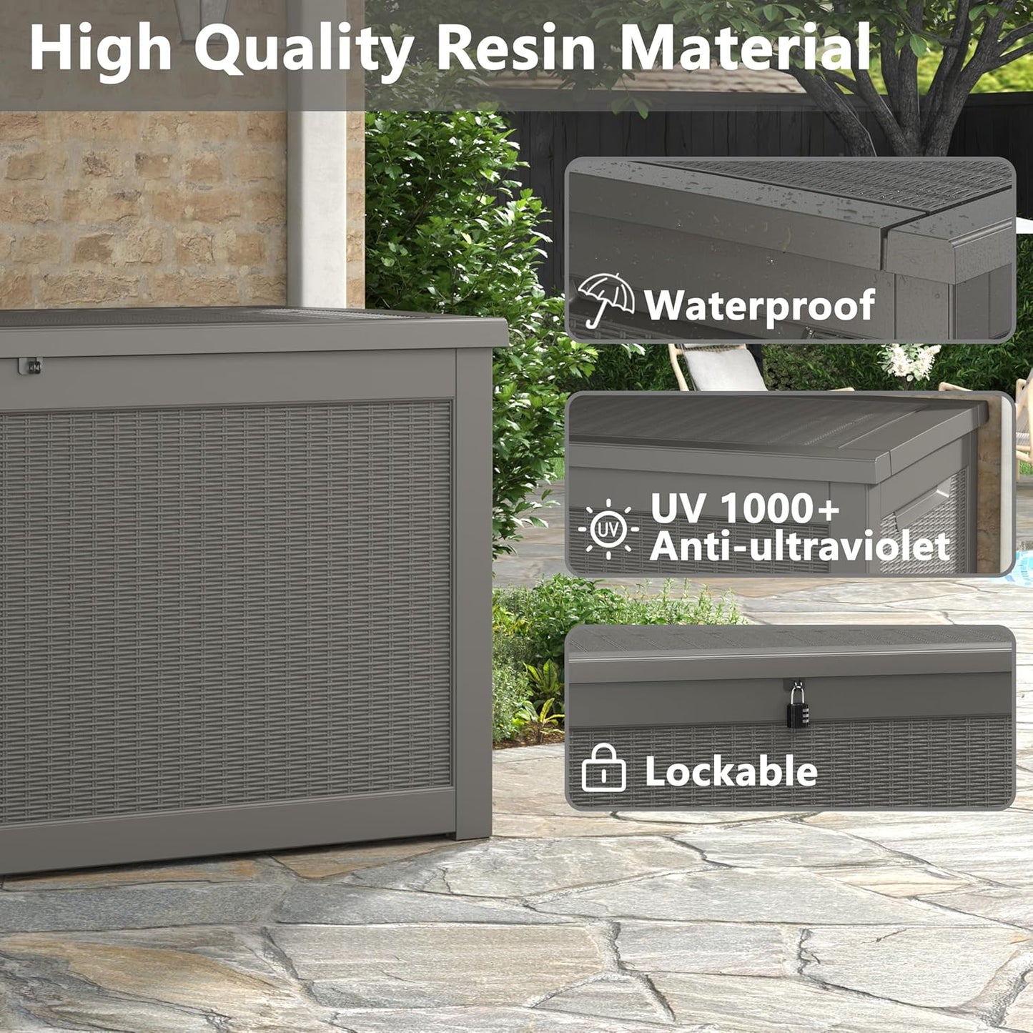 260 Gallon Resin Deck Box, Large Indoor and Outdoor Storage Box, Weatherproof and UV Resistant Outdoor Storage Box with Built-in Steel Beams for Patio Cushions, Pool Supplies-VerdiqueGarden