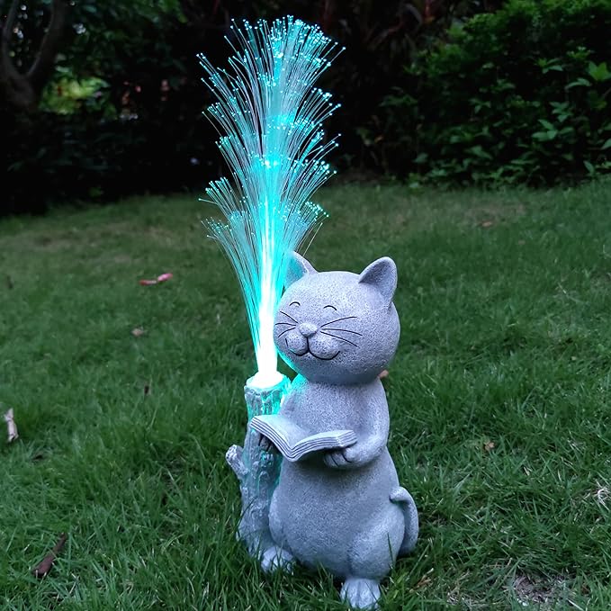 Cat Solar Garden Statues,Resin Cat Figurine Reading a Book and 7-Color Changing Optical Fiber with Solar Lights, Lawn Decor Outdoor Statue for Patio,Balcony,Yard,Lawn Ornament-VerdiqueGarden