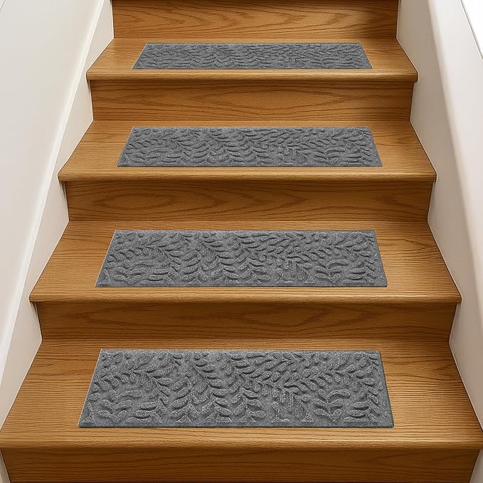 Bungalow Flooring Waterhog Stair Treads (Set of 4) – 8 1/2 x 30 Inches, Durable,Water-Trapping, Indoor/Outdoor Floor Covering, Boxwood Collection – Made in USA, Medium Grey