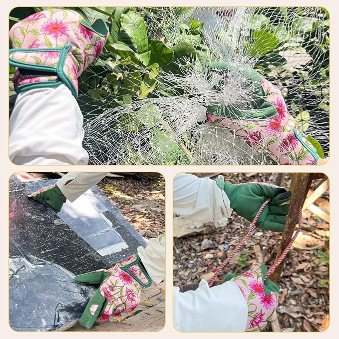 Gardening Gloves for Women, Garden Gloves with Touch Screen, Thorn Proof Puncture Resistant Working Gloves, Gardening Gifts for Women (Green with Pink Flowers, Medium)-VerdiqueGarden