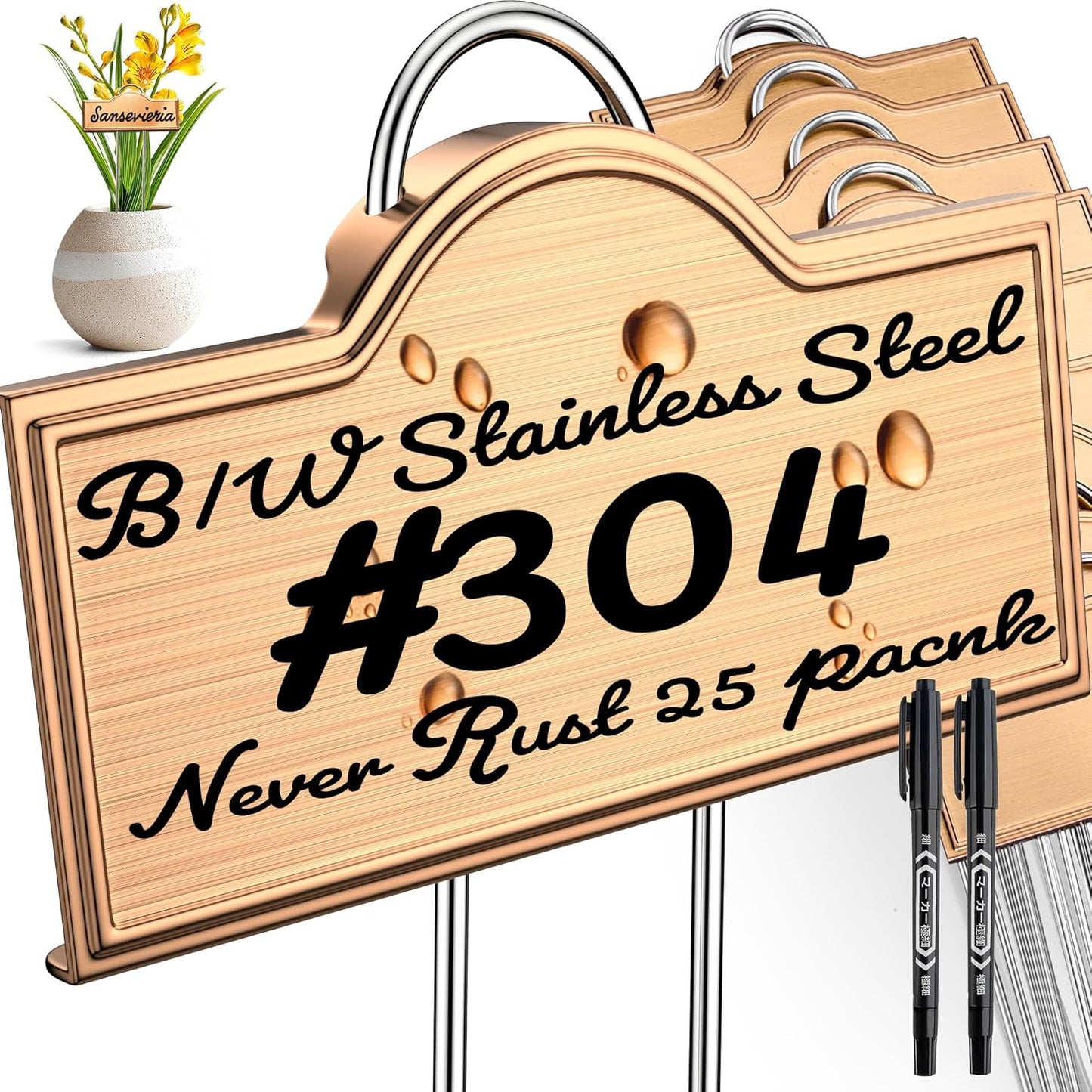 Stainless Steel 304 Plant Labels Weatherproof, Metal Garden Label Tall Markers 25 Pack for Plants Vegetables Herb Seedlings Flowers with 2 Pens, Height 10.75 Inch, Label Area 3.74'' x 1.39''-VerdiqueGarden
