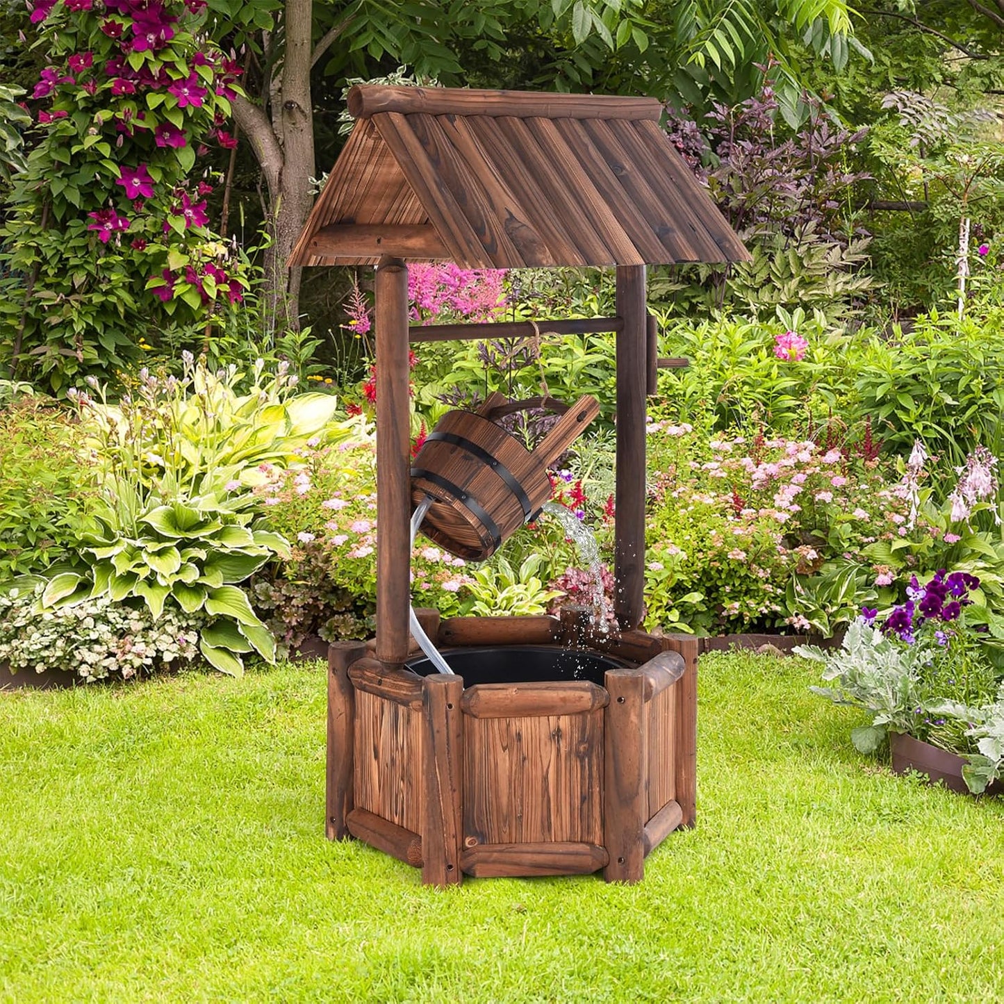 Tangkula Outdoor Wishing Well Water Fountain, Old-Fashioned Wood Waterfall Fountain w/Bucket Pump, Rustic Farmhouse Decoration for Garden, Backyard, 46 Inch Tall (20" x 23" x 46")-VerdiqueGarden