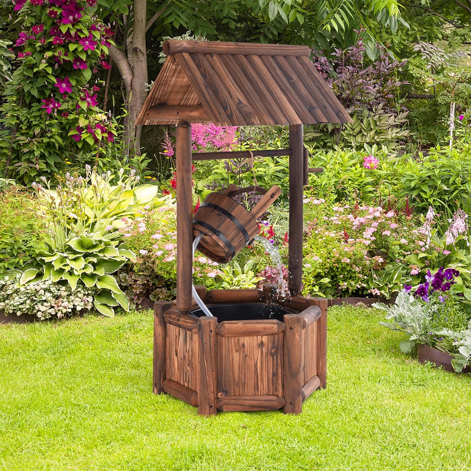 Tangkula Outdoor Wishing Well Water Fountain, Old-Fashioned Wood Waterfall Fountain w/Bucket Pump, Rustic Farmhouse Decoration for Garden, Backyard, 46 Inch Tall (20" x 23" x 46")-VerdiqueGarden