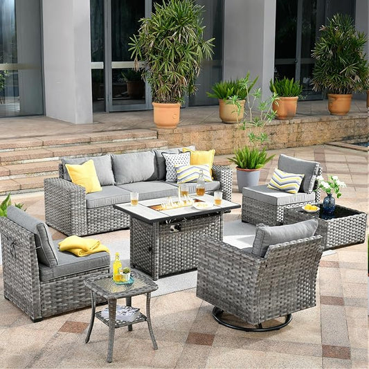 HOOOWOOO 9 Piece Modular Patio Outdoor Sectional Furniture Set with Large Propane Fire Pit Table,Wicker Conversation Sofa Set with Swivel Chairs,Outside Couch Set(Dark Grey)
