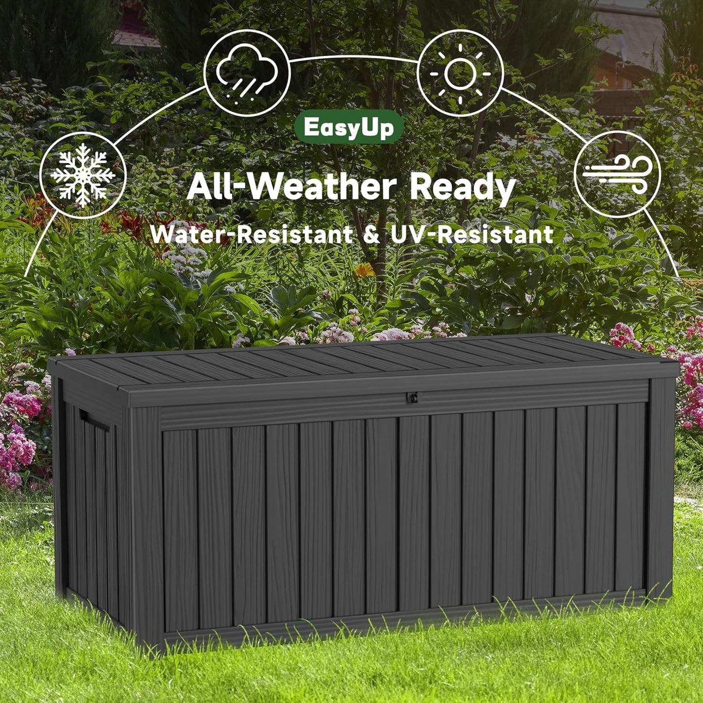 120 Gallon Outdoor Storage Box Waterproof, UV Resistant Resin Deck Box with Hydraulic Rod, Reinforced Stability for Patio, Garden, and Pool, Striped Black-VerdiqueGarden