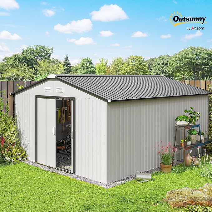 Outsunny 11' x 13' Outdoor Storage Shed, Garden Tool Metal Shed with Foundation Kit, Double Lockable Door, Air Vents and Sloping Roof, for Backyard, Patio, Lawn, White-VerdiqueGarden