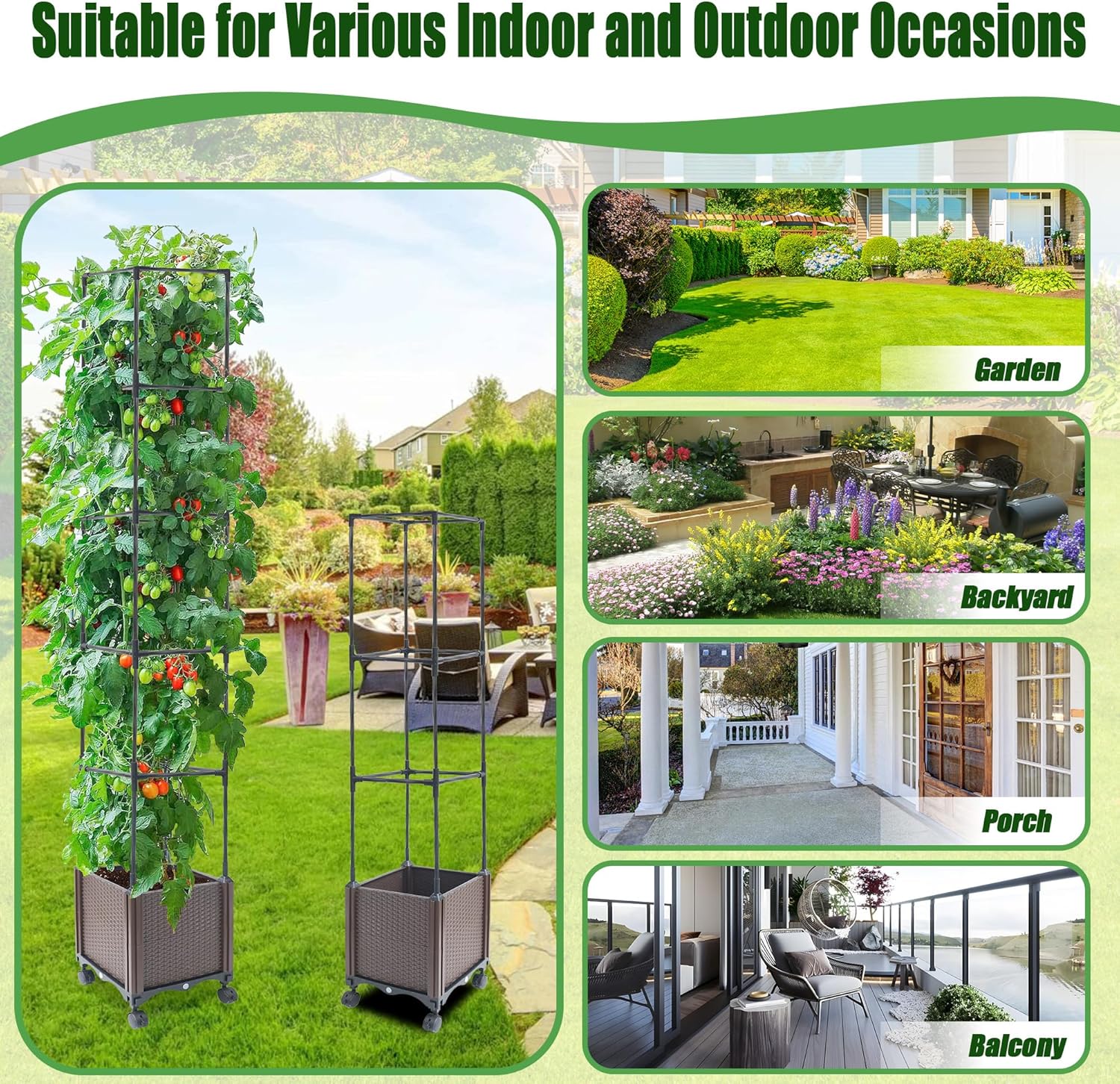 Raised Garden Bed Planter Box with Trellis, 62.2" Self-Watering Tomato Planters for Climbing Plants Vine Flowers Outdoor Patio, Tomatoes Cage with Trellis Wheels for Outdoor, 1Pack-VerdiqueGarden