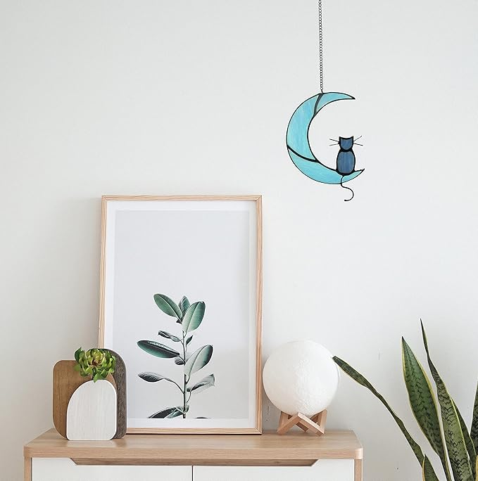 Black Cat On Bule Moon Stained Glass-VerdiqueGarden