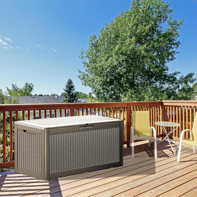 100 Gallon Lockable Resin Deck Box, Waterproof & UV-Resistant Outdoor Storage Box for Outdoor Cushion Storage, Garden Tools & Pool Accessories Storage, Gray-VerdiqueGarden