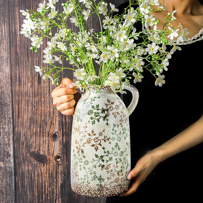 Enra Large Vintage Green and Beige Ceramic Chinoiserie Floral Vase, 11.2 Inch Rustic Decorative Flower Vase for Home, Living Room, Kitchen, or Office – Pastoral Retro Design-VerdiqueGarden