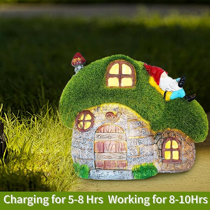ILLUMINEW House Garden Statues with Solar Lights, LED Cute Flocked Fairy House with Gnomes Garden Figurine, Outdoor Patio Yard Lawn Decorations Gift-VerdiqueGarden