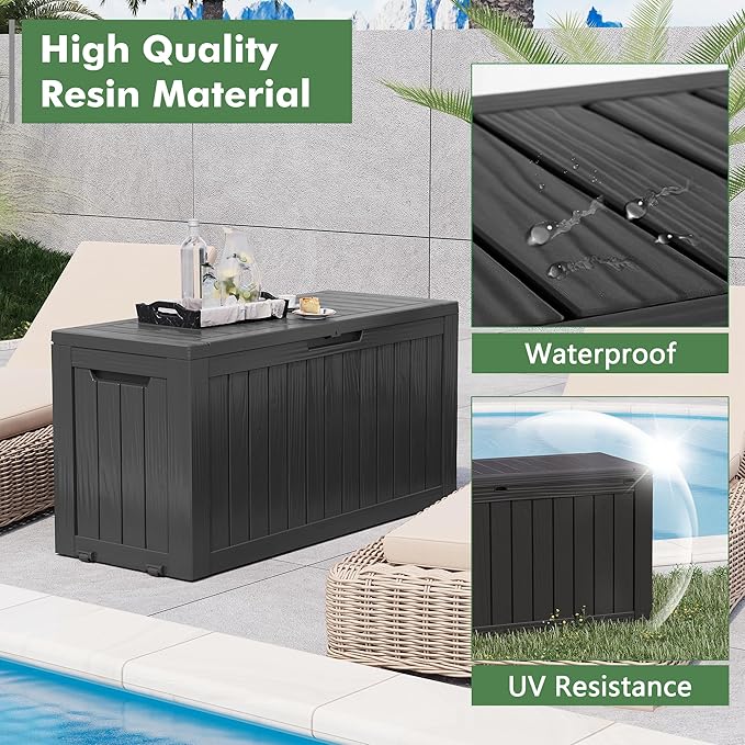 NUNU LAB 75 Gallon Outdoor Storage Box,Large Resin Sturdy Deck Box, Backyard Outside Storage Box Waterproof with Double Wall Panels,Package Delivery Garden Hose Storage Bin Outdoor Tool-VerdiqueGarden