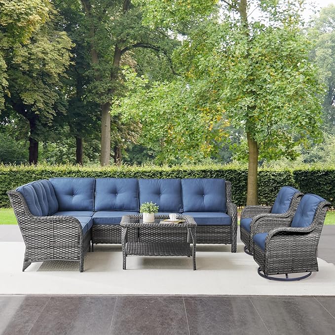 Outdoor Furniture Sectional Sofa L Shaped Couch - Patio Wicker Furniture Set with Coffee Table, 3 Piece Rattan Patio Conversation Sets with Blue Cushion for Deck Backyard Sunroom-VerdiqueGarden