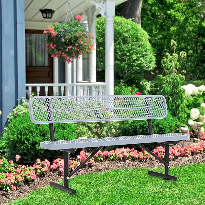 Heavy Duty Park Bench with Back Portable Frame, Outdoor Steel Bench with Backrest, Outdoor Park Bench Expanded Metal Mesh Bench for Lawn, Park, Deck, Garden, Patio, Porch, Black (Gray, 6FT)-VerdiqueGarden