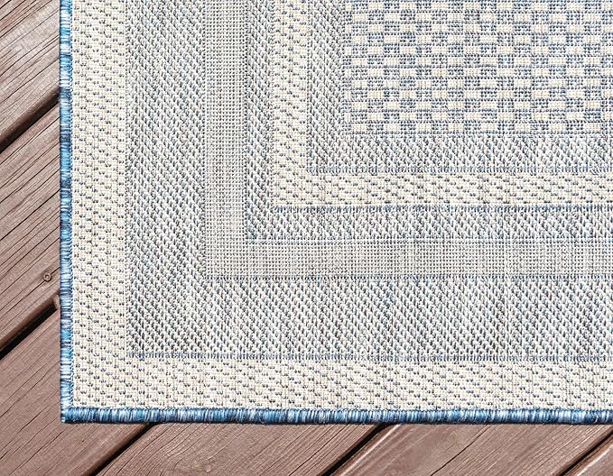 Unique Loom Outdoor Border Collection Area Rug - Soft Border (8' x 11' 4" Rectangle, Blue/ Ivory)-VerdiqueGarden