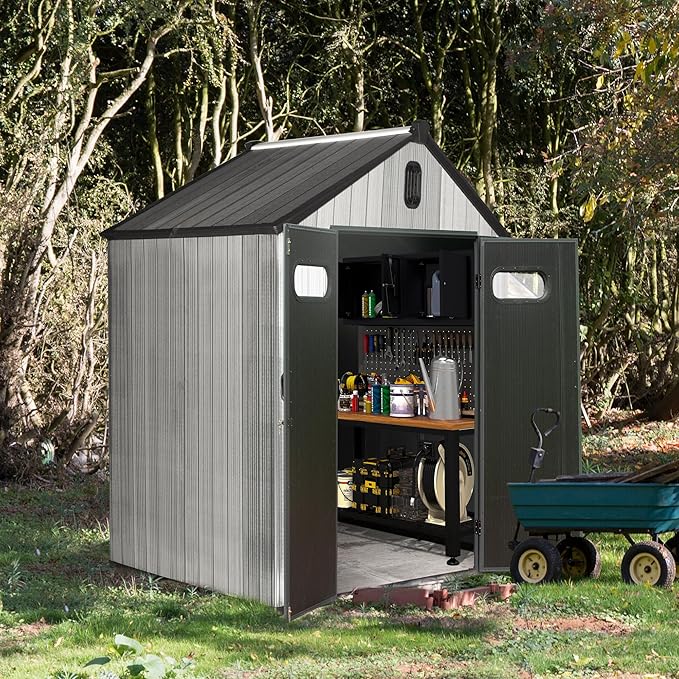 Domi 6x4 FT Outdoor Resin Storage Shed, All-Weather Double-Wall Storage Building for Backyard, Garden, Lawn Tools, Mower, Bike & Pool Equipment, Lockable Doors, Ventilated Roof, Grey-VerdiqueGarden