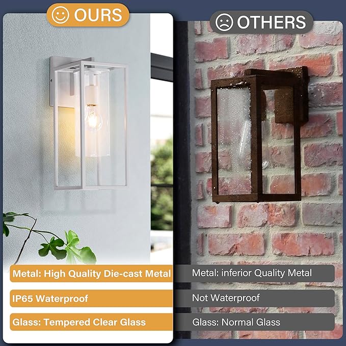 15.7 Inch Outdoor Wall Lights, White Outdoor Wall Lantern with Square Clear Glass Shade, Waterproof Exterior Lighting Fixtures, Modern Front Porch Lighting for House, Garage, E26 Base, ETL Listed-VerdiqueGarden