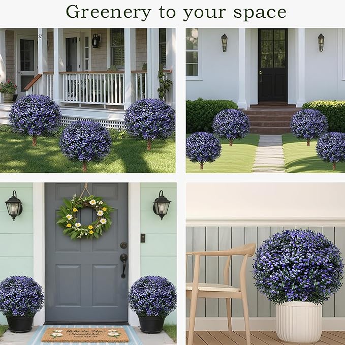 Set of 2 Artificial Boxwood Topiary Ball Trees Outdoor Faux Shrubs Artificial Boxwood Plants with Ground Spike, 24" Lavender Fake Evergreen Tree UV Resistant for Planter,Potted,Fall-VerdiqueGarden