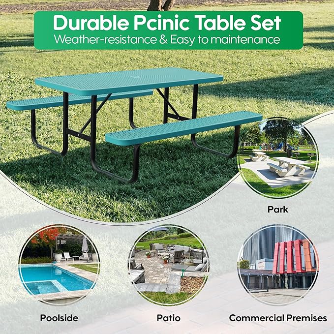 6FT Metal Picnic Tables for Outdoors, Commercial Rectangular Picnic Table and Bench Set for Outside, Patio, Garden, Backyard, Porch, Surface Mount, Green-VerdiqueGarden