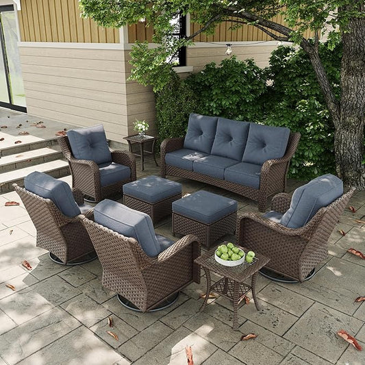 9 Pieces Outdoor Patio Furniture Sets with Rocking Swivel Chairs with 6-inch Thick Cushion and Side Table for Deck Lawn-VerdiqueGarden
