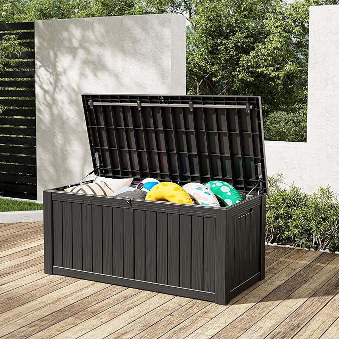 NUNU LAB Outdoor Storage Box,120 Gallon Deck Box,Resin Waterproof Outside Storage Bench,Outdoor Storage Cabinet With Lockable Lid,Backyard Deck Box For Garden Tools,Patio Cushions,Pool Accessories-VerdiqueGarden