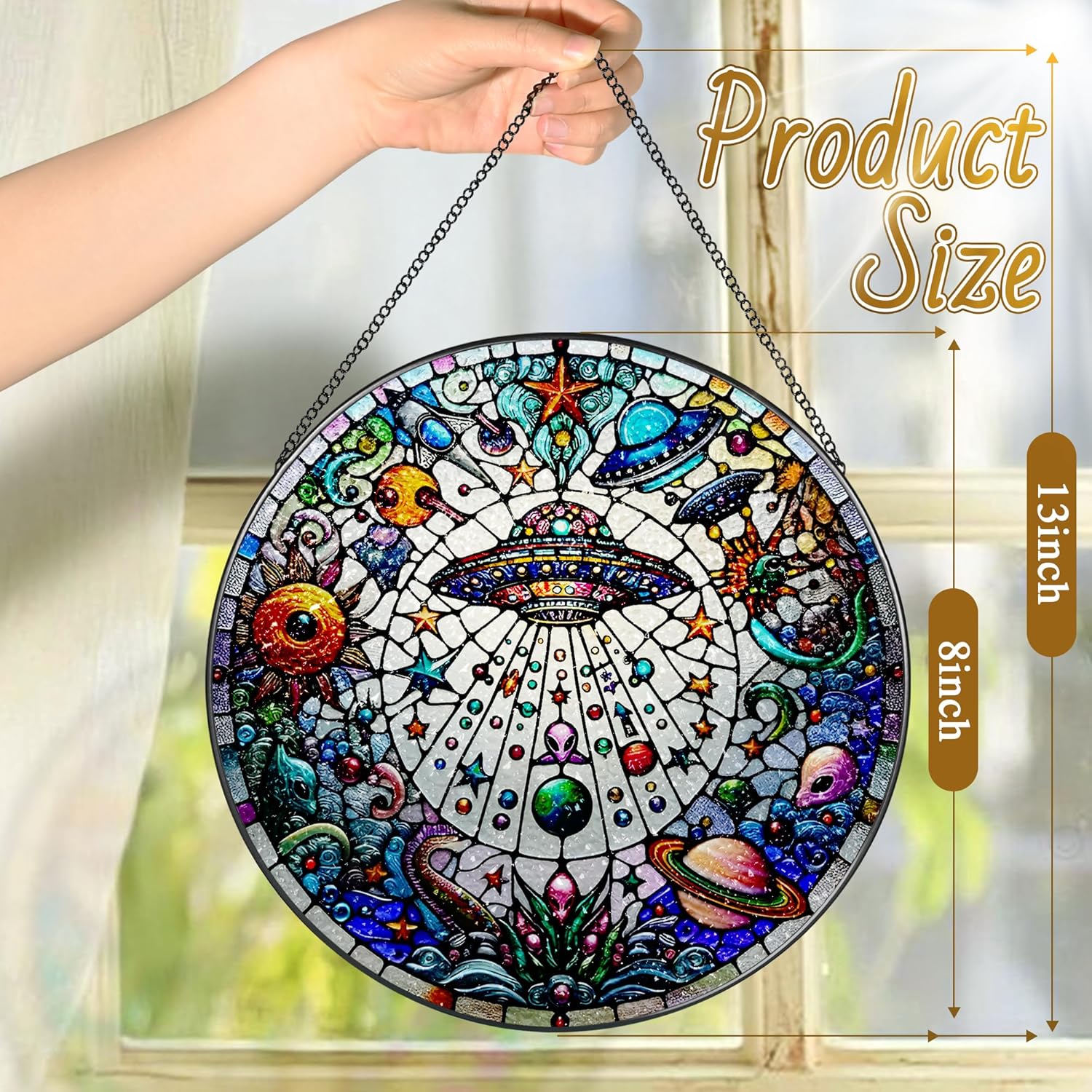 Stained Glass Window Hanging, LAOWEIKI 8'' UFO&Alien Suncatcher, Stained Glass Ornament, Suncatchers for Windows Hanging, Window Decor, Outdoor or Indoor, Gifts for Friends, Art Lover, Astronomer-VerdiqueGarden