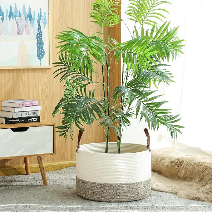 KAKAMAY Large Blanket Basket (20"x13"),Woven Baskets for storage Baby Laundry Hamper,Cotton Rope Blanket Basket for Living Room, Laundry, Nursery, Pillows, Baby Toy chest (White/Beige)-VerdiqueGarden