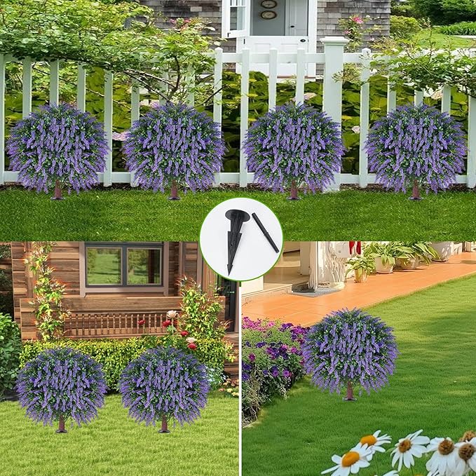 Artificial Lavender Topiany Ball Trees Set of 2,17” Resistant Fake Evergreen Shrubs with Ground SpilRealistic Outdoor Indoor Plants for Garden Porch Maintenance-Free Potted-VerdiqueGarden