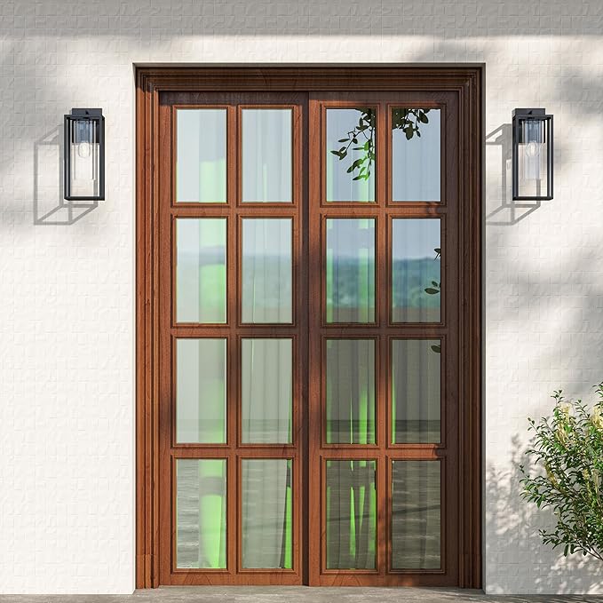 15.7 Inch Outdoor Wall Lights, Outdoor Wall Lantern with Circular Clear Glass Shade, Waterproof Exterior Lighting Fixtures, Modern Front Porch Lighting for House, Garage, E26 Base, ETL Listed, Black-VerdiqueGarden