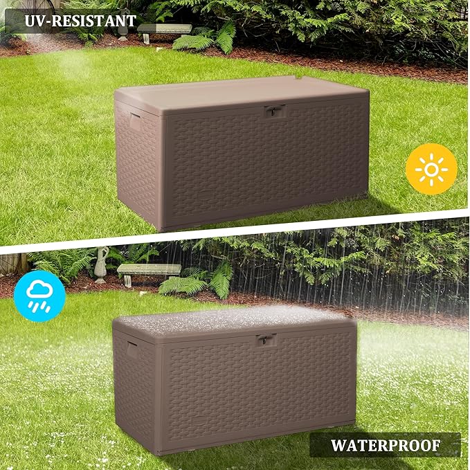 73 Gallon Pro Outdoor Storage Box Waterproof Lockable Resin Deck Box Large, Patio Storage Bin for Pool Accessories Cushion Furniture, Garden Tools, UV-Resistant Outside Delivery Brown-VerdiqueGarden