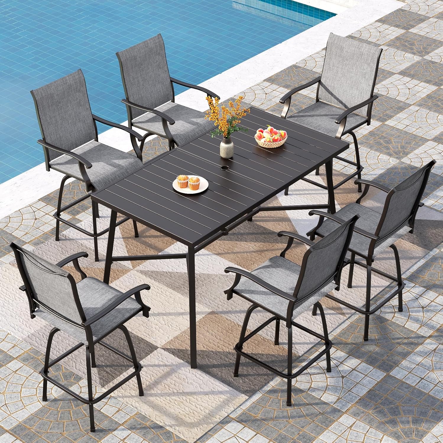 PHI VILLA Outdoor Swivel Patio Bar Stools Set of 6, 30 Inch Bar Height Tall Patio Chairs with Back & Armrest, Durable Textilene Fabric in Grey for Deck Lawn Garden-VerdiqueGarden