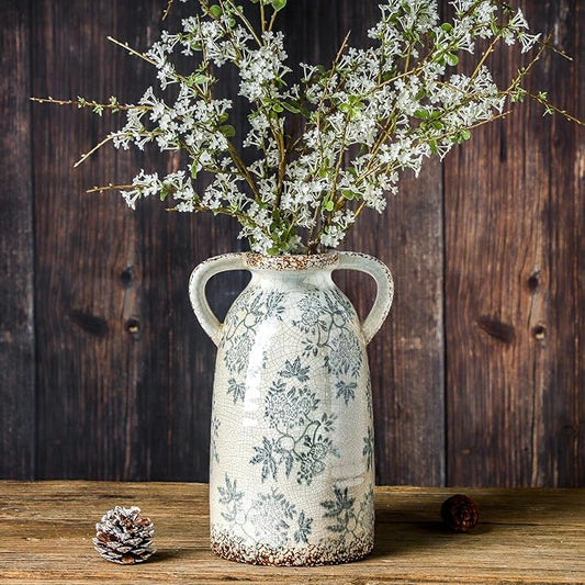 Enra Tall Vintage Blue and White Ceramic Vase with Handle, 11.2 Inch Chinoiserie Decorative Floral Vase, Large Rustic Ceramic Vase for Living Room, Office, Bookshelf, Home Decor-VerdiqueGarden