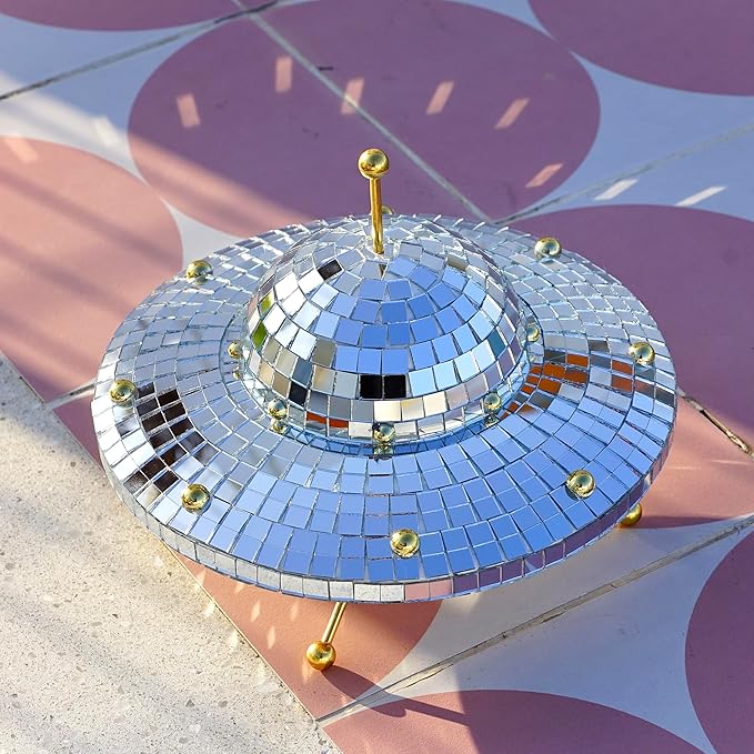 UFO Disco Ball Silver Disco Ball Decor Disco Spaceship Retro Reflective Décor Mirror Decorations for Home,Party,Garden,Handmade Gift (8 * 6inch)-VerdiqueGarden