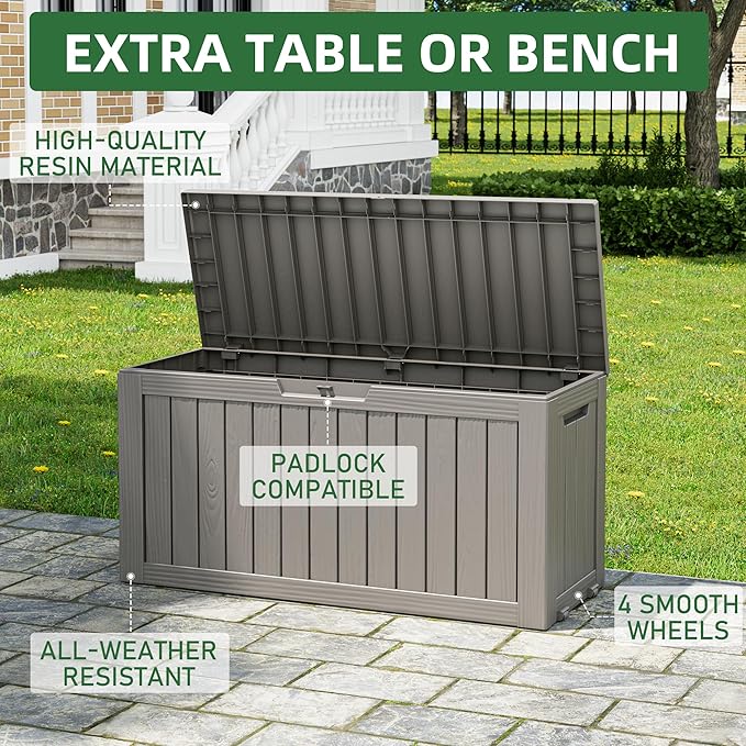 NUNU LAB 75 Gallon Outdoor Storage Box,Resin Large Sturdy Deck Box, Backyard Outside Storage Box Waterproof with Double Wall Panels,Garden Box,Package Delivery Outdoor Hose Storage Bin-VerdiqueGarden