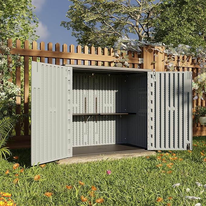 HOMSPARK 37 Cu.Ft Outdoor Storage Shed Weather Resistant, Resin Storage Sheds & Outdoor Storage Box for Backyard Garden Patio Lawn, Multi functional | Double-wall Shed with Lockable Doors,(Light Gray)-VerdiqueGarden