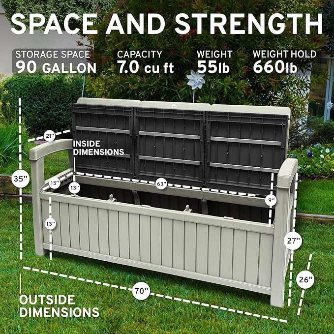 EconoHome 3 Seat Outdoor Storage Bench - 90 Gallon Capacity - Weatherproof Resin Bench for Patio, Porch, Garden, Yard, Pool Area - Furniture for Pool Accessories, Gardening Tools, Toys-VerdiqueGarden