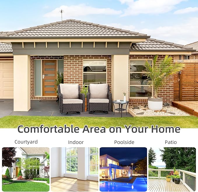 Towallmark Outdoor Swivel Wicker Glider Patio Chairs with Table Set, 3 Pieces Outdoor Bistro Set with 4”Thick Cushions and Coffee Table for Porch, Balcony, Deck (Beige)-VerdiqueGarden