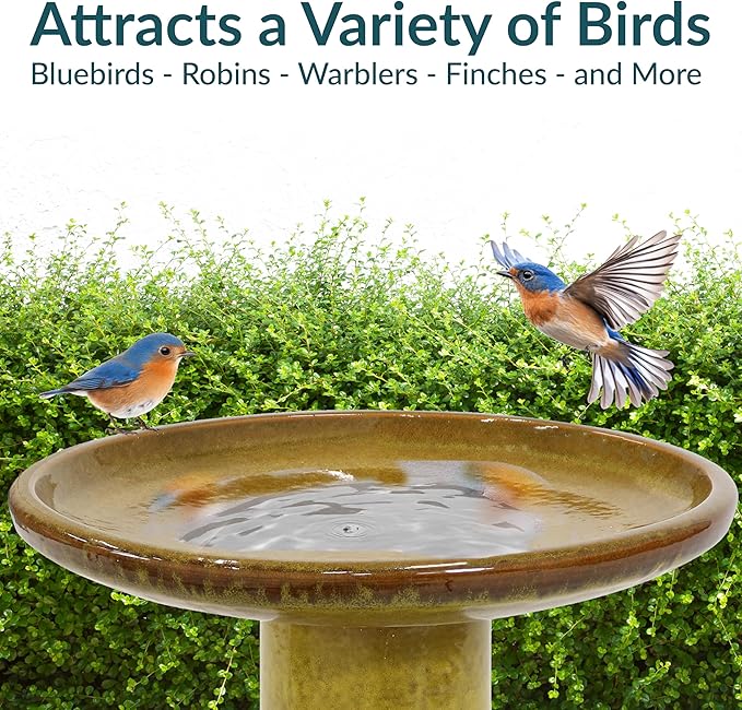 Sunnydaze 21" H Ceramic Bird Bath for Outside - Hand-Painted Outdoor Bird Bath Bowl, UV/Frost-Resistant Finish - Cognac Yellow - Ribbed Pedestal-VerdiqueGarden