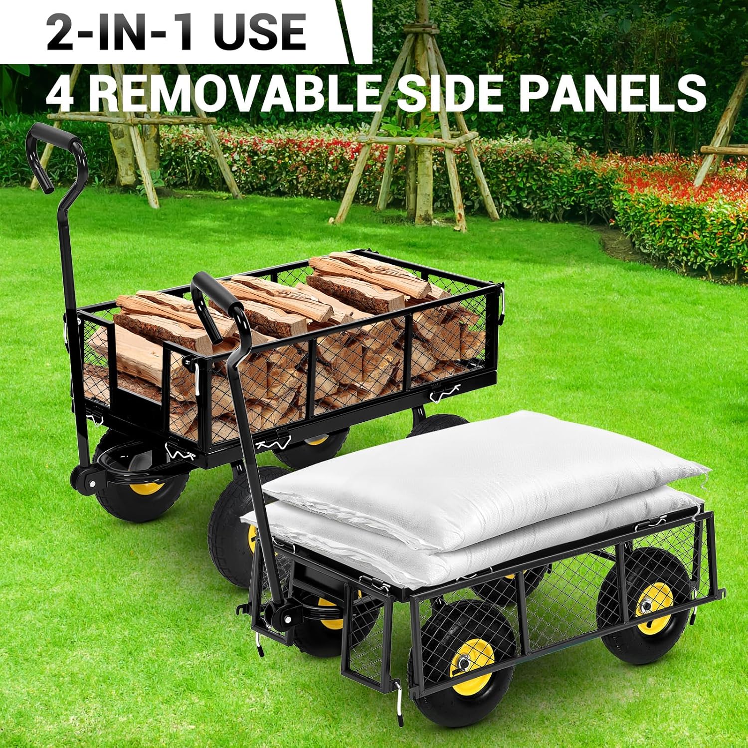Heavy Duty Steel Garden Cart, 550LBS Pullable Metal Garden Wagon with 10" Wheels, 180° Rotating Handle and Removable Sides for Outdoor, Farm, Yard, Beach ﻿-VerdiqueGarden