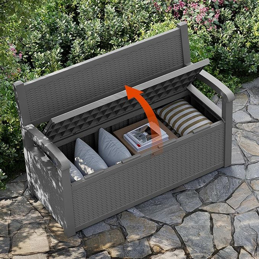 80 Gallon Outdoor Storage Box, Resin Patio Furniture with Armrest, Lockable Deck Box with Waterproof and UV Resistant for Patio Cushions, Garden Tools and Pool Supplies, Grey-VerdiqueGarden