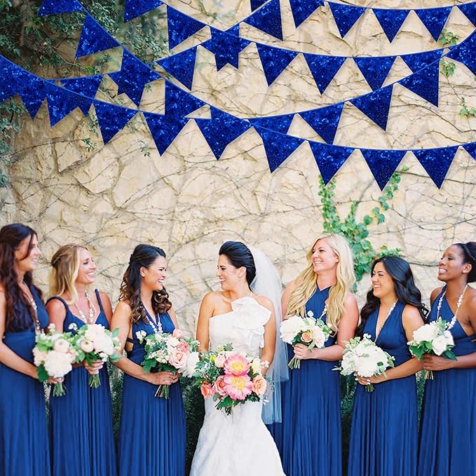 pinkblume Royal Blue Decorations Double Sided Sequin Navy Blue Fabric Triangle Pennant Banner Flag Bunting Garland for Blue Nautical Ahoy Achor Theme Nursery Classroom Home Bedroom Wall Decor-VerdiqueGarden
