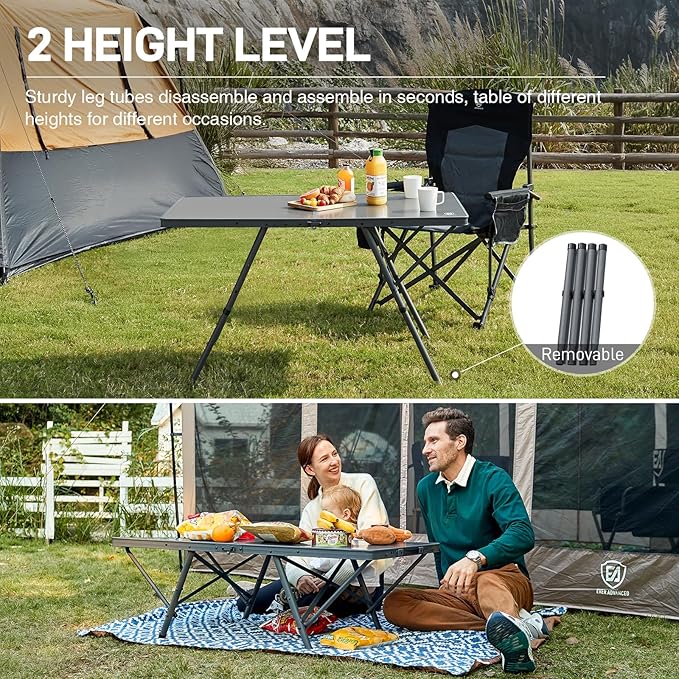 EVER ADVANCED Large Camping Table for 4-6 Person, Portable Folding Aluminum Table with Carrying Handle, Suitable for BBQ, Picnic, Camping and Indoor Use, Support up to 130LBS, Gray-VerdiqueGarden