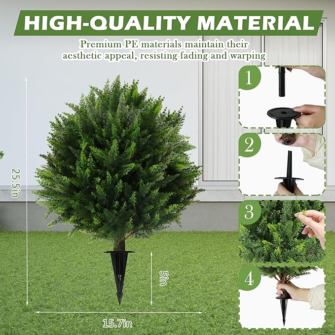 Sunnyglade Set of 2 Artificial Cedar Topiary Ball Trees, Faux Cedar Shrub Bushes with Ground Spike 25.5", UV Resistant Fake Cedar Plants for Indoor, Garden, Yard, Porch, Patio Decor (Green)-VerdiqueGarden