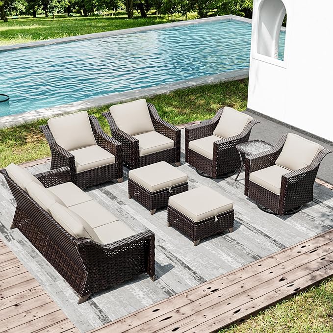 Joyside Wicker Patio Furniture Sets, 8 Pieces Upgraded Large Size Outdoor Furniture with Swivel Rocking Patio Chairs, Patio Dining Chair, 3-Seat Sofa, Outdoor Ottoman, Thick Cushions, Wide Armrest-VerdiqueGarden