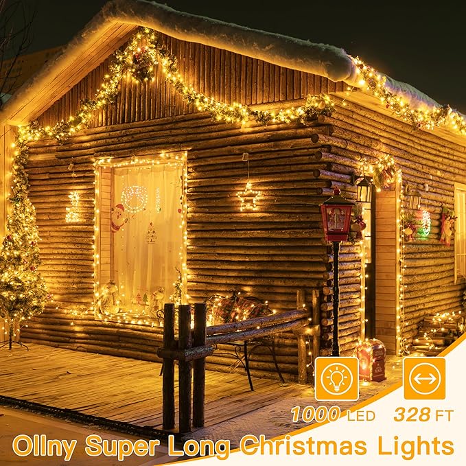 Ollny Christmas Lights Outdoor Waterproof, 1000LED 328FT Super Long String Lights with Remote 3 Timer, Plug in 8 Modes Fairy Light for Outside House Bedroom Xmas Decorations, Warm White-VerdiqueGarden